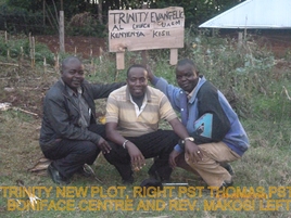 L-R Pastor Makosi, Pastor Boniface, Pastor Thomas at the site of the new Trinity Evangelical Church